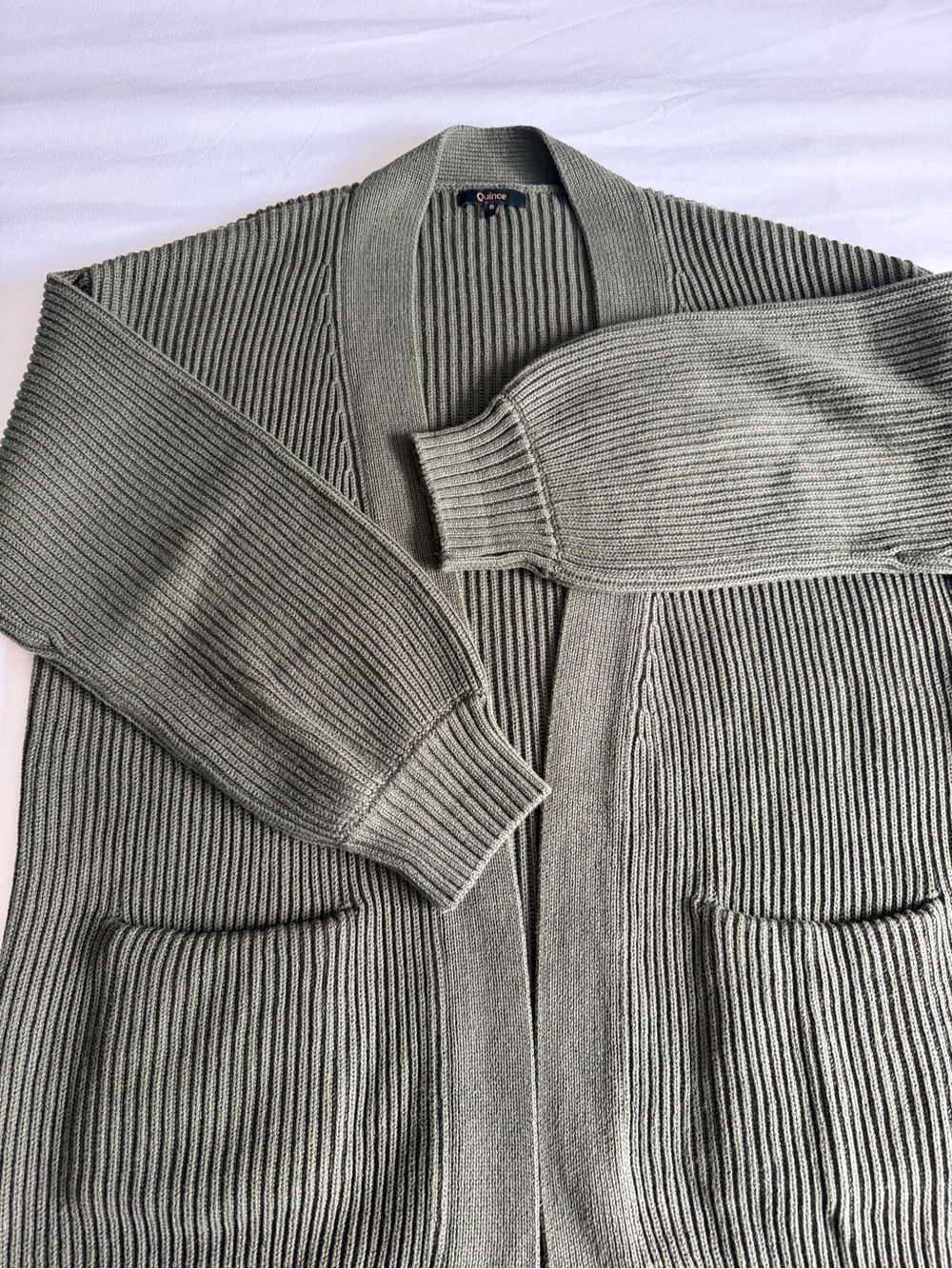 Quince 100% Organic Cotton Oversized Olive Green Ribbed Open Front Cardigan - Picture 12 of 16